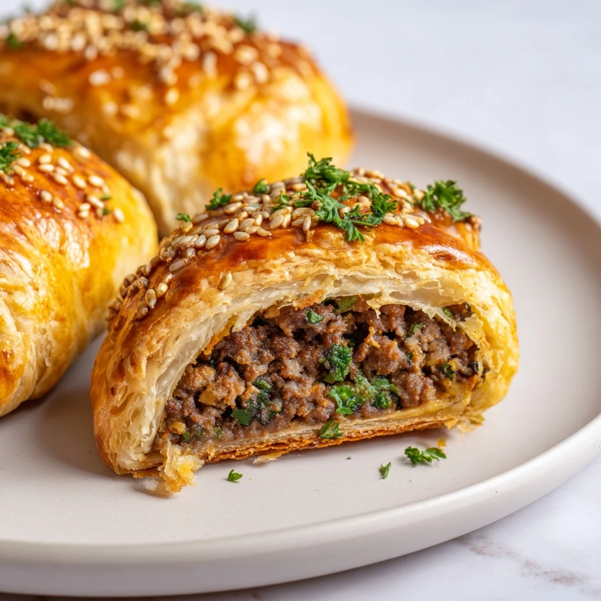 Freshly baked Sausage Rolls with Puff Pastry and Beef are ready to serve, perfect for a party appetizer or snack.