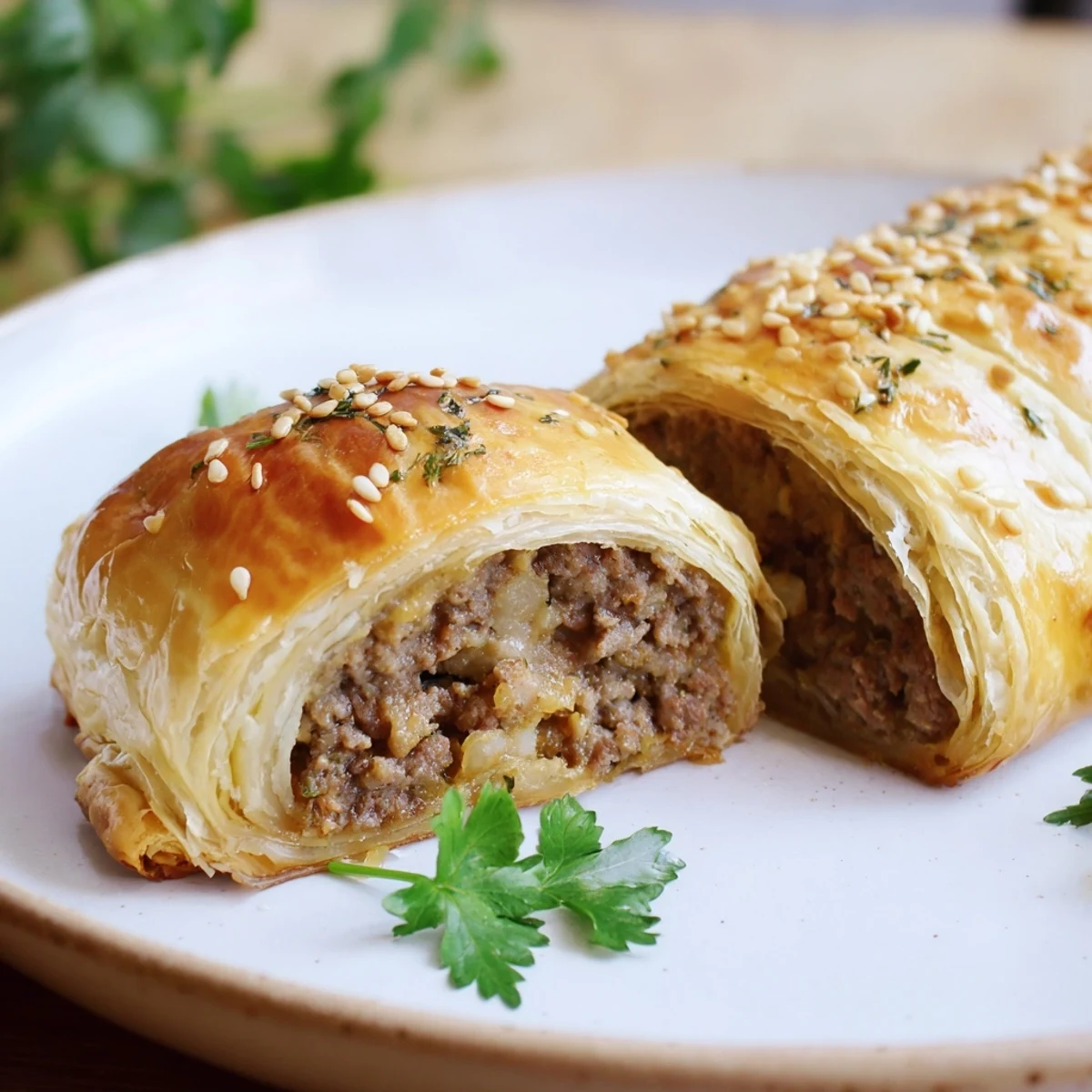 Savory Sausage Rolls with Puff Pastry and Beef featuring a beef filling and sesame seeds, ideal for a picnic spread.