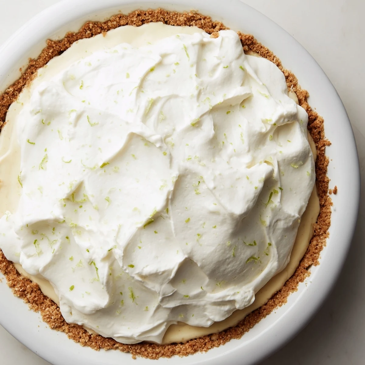 Key Lime Pie with Whipped Cream Topping sits on a marble countertop, garnished with fresh lime zest and a drizzle of whipped cream.