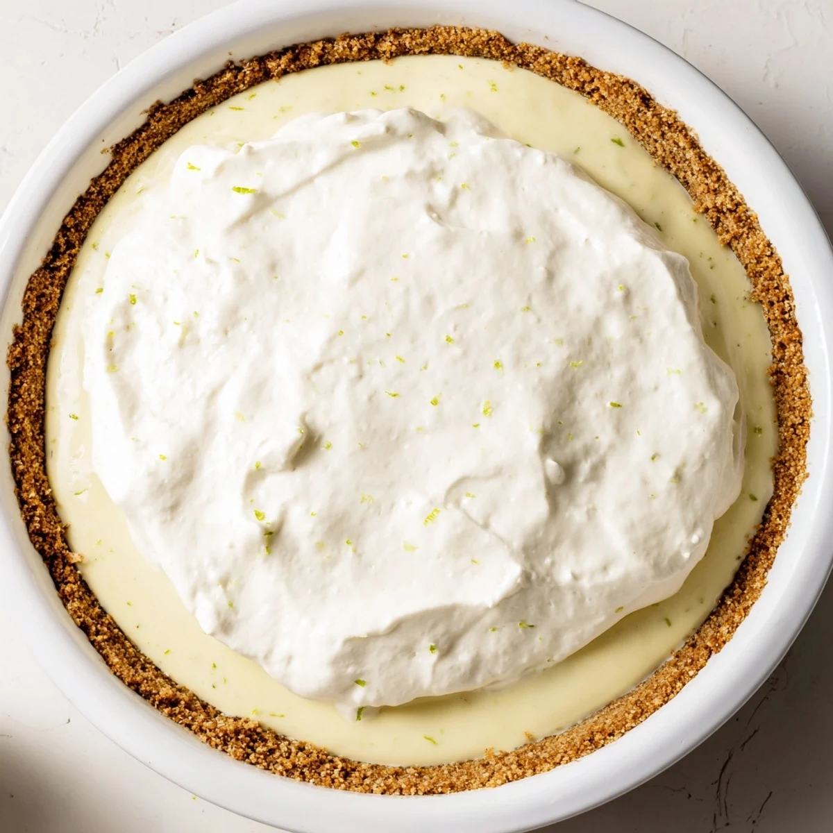 Overhead view of a freshly baked Key Lime Pie with Whipped Cream Topping, with a knife beside it ready to serve.