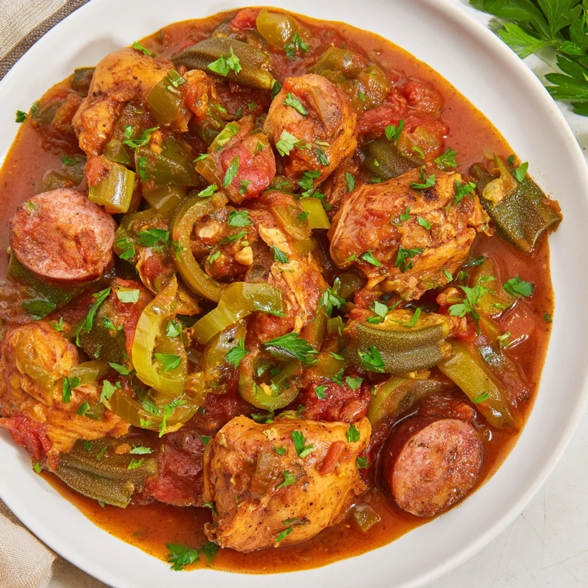 Hearty Chicken and Sausage Stew with Okra served over fluffy white rice, garnished with fresh parsley for a Southern American meal.  
