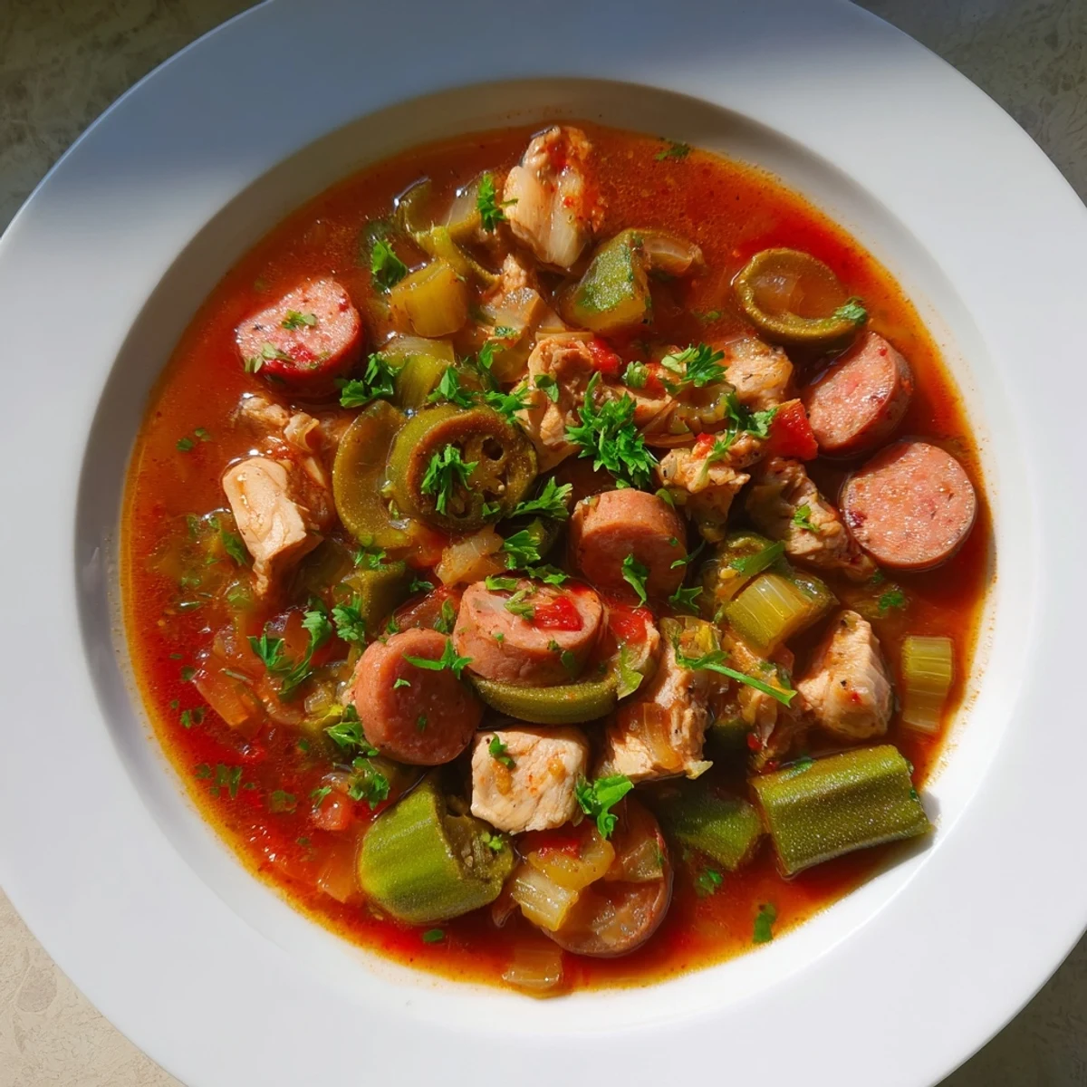 Steaming bowl of Chicken and Sausage Stew with Okra, featuring tender chicken, smoky sausage, and fresh okra in a rich tomato broth.  