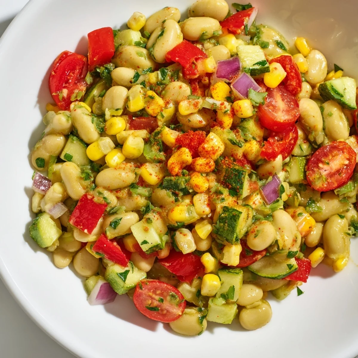 A vibrant serving of Succotash with Lima Beans and Corn, featuring colorful red bell peppers and zucchini in a hearty skillet.