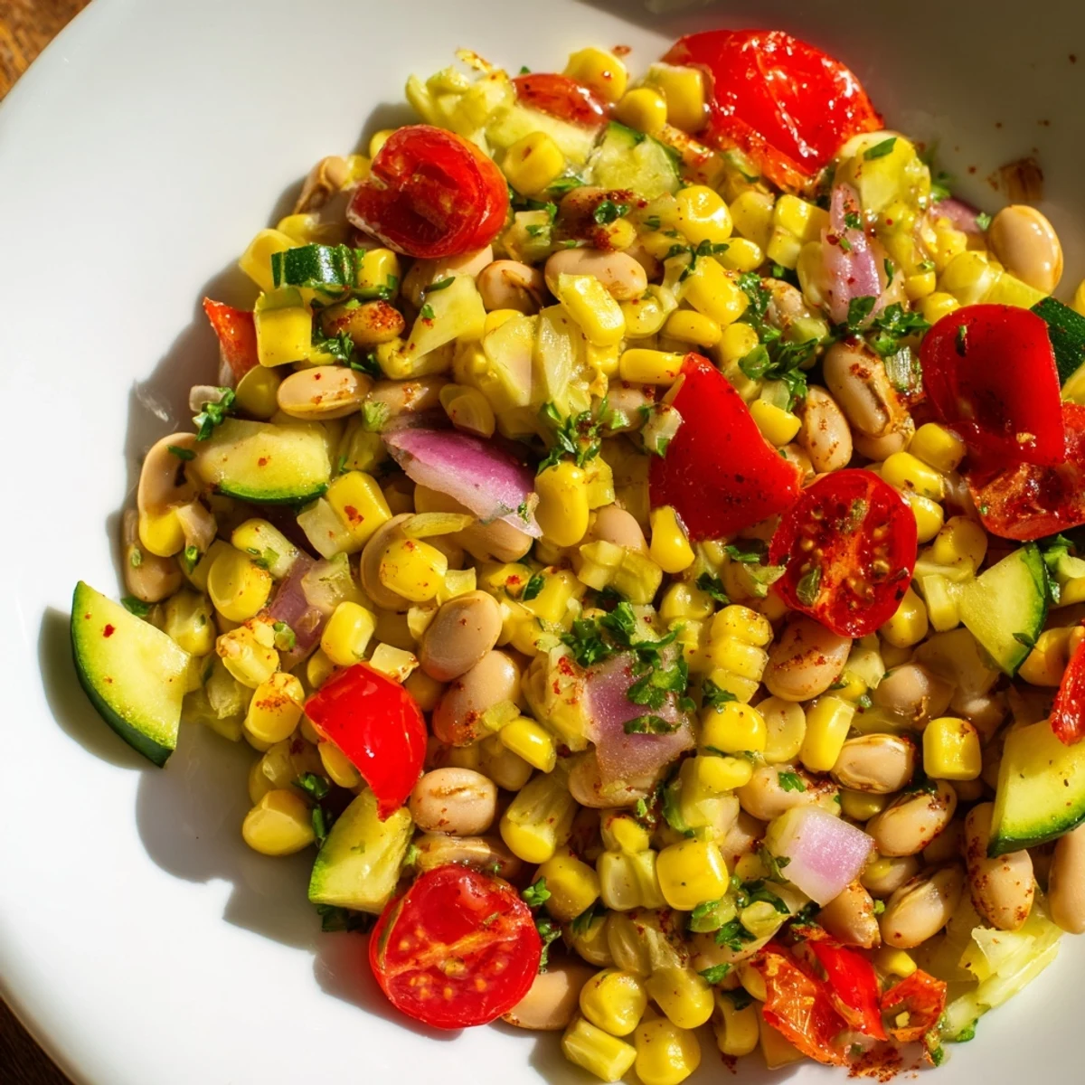 Freshly cooked Succotash with Lima Beans and Corn, garnished with parsley, paired with grilled chicken and crusty bread on the side.