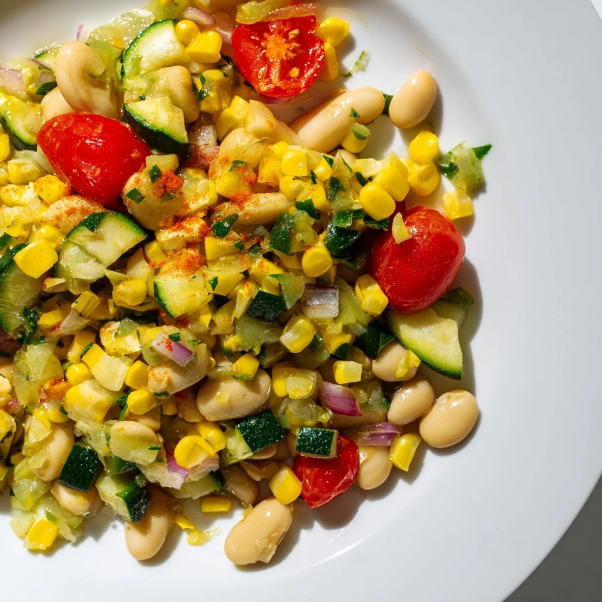 Close-up view of Succotash with Lima Beans and Corn, highlighting tender vegetables simmered in savory broth, a perfect gluten-free side dish.