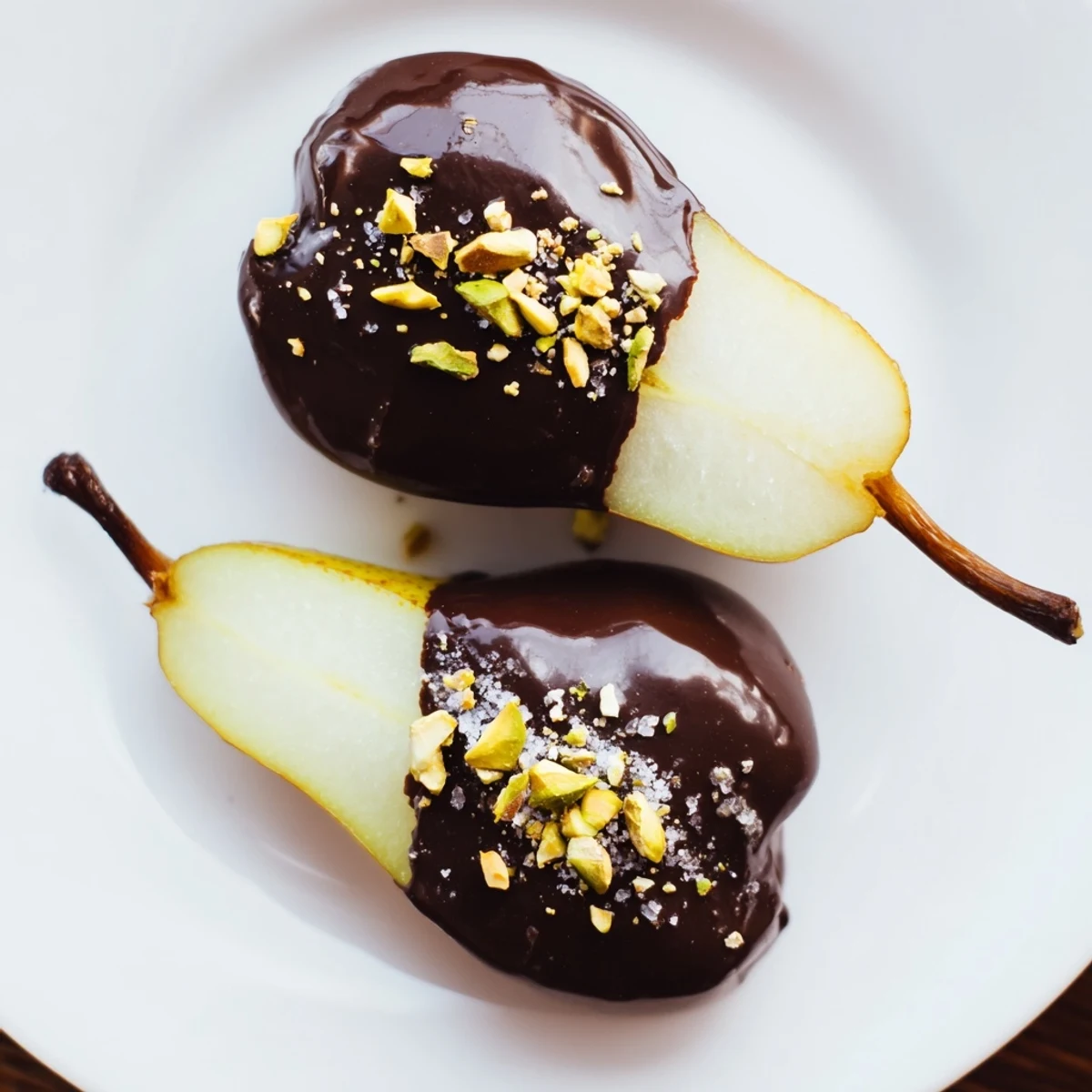 Dark chocolate covered pears garnished with flaky salt and toasted almonds, served chilled on a rustic wooden serving board.