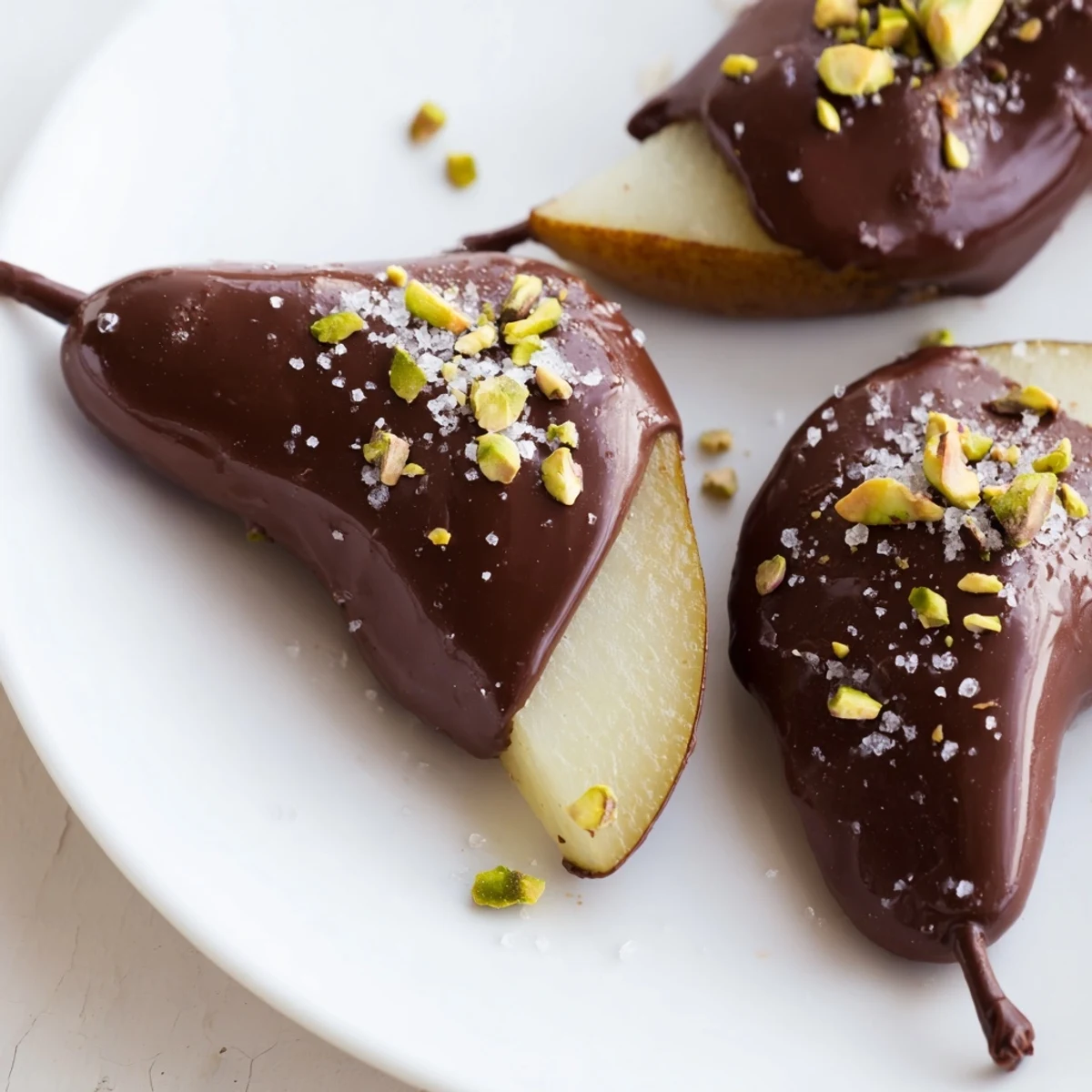 Melted dark chocolate coating ripe pears with a glossy finish, topped with pistachios and sea salt for an elegant dessert.