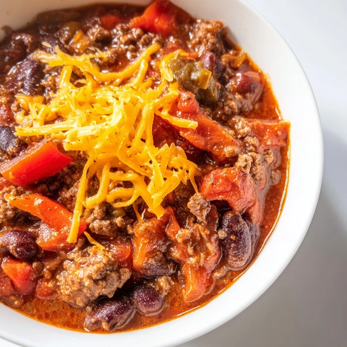 A steaming bowl of Spicy Beef Chili with Cheddar Cheese, topped with melted cheese and fresh cilantro, ready to serve with cornbread.