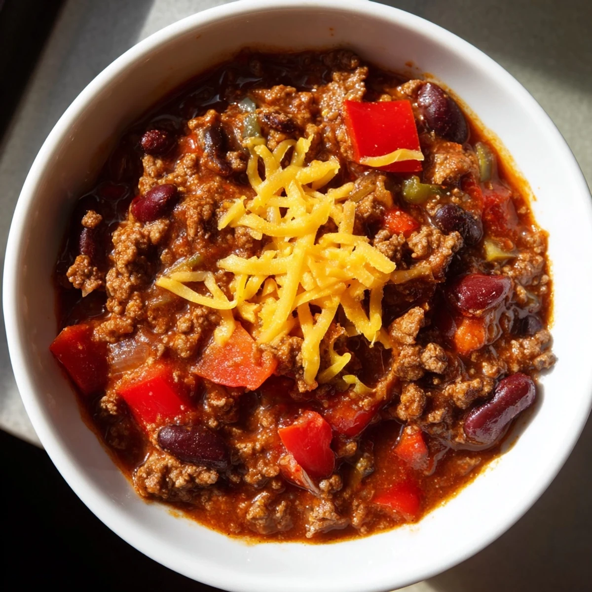 Spicy Beef Chili with Cheddar Cheese simmering in a pot, rich with ground beef, beans, and tomatoes, perfect for a hearty meal.