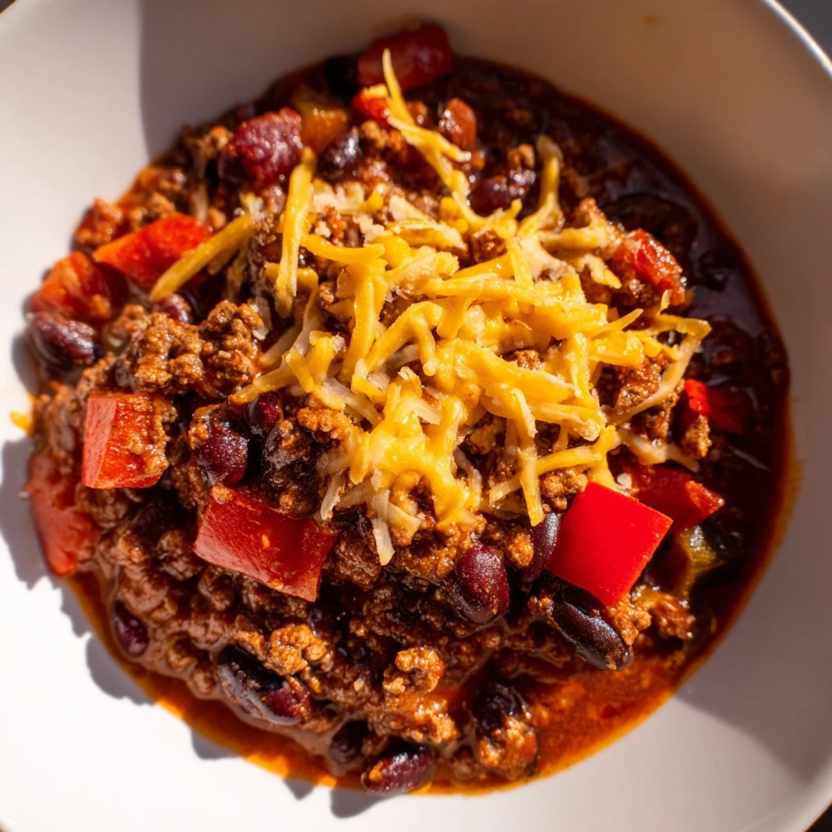 Sizzling Spicy Beef Chili with Cheddar Cheese in a bowl, garnished with green onions and cheese, ideal for game day gatherings.