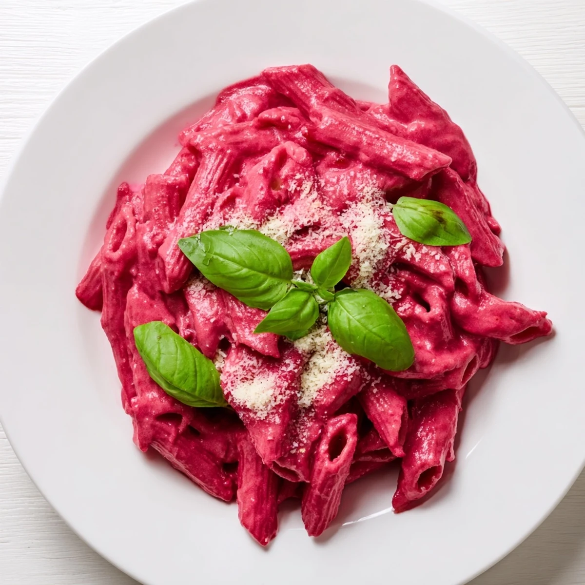 Roasted beets create a vivid pink pasta with beet cream sauce, garnished with fresh basil and Parmesan.