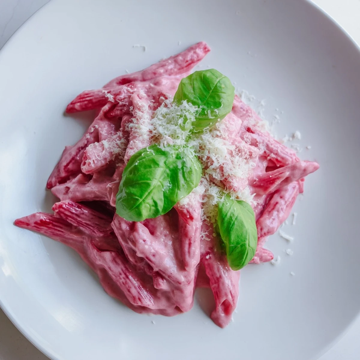 Creamy Pink Pasta with Beet Cream Sauce served al dente in a white bowl, garnished with fresh basil.