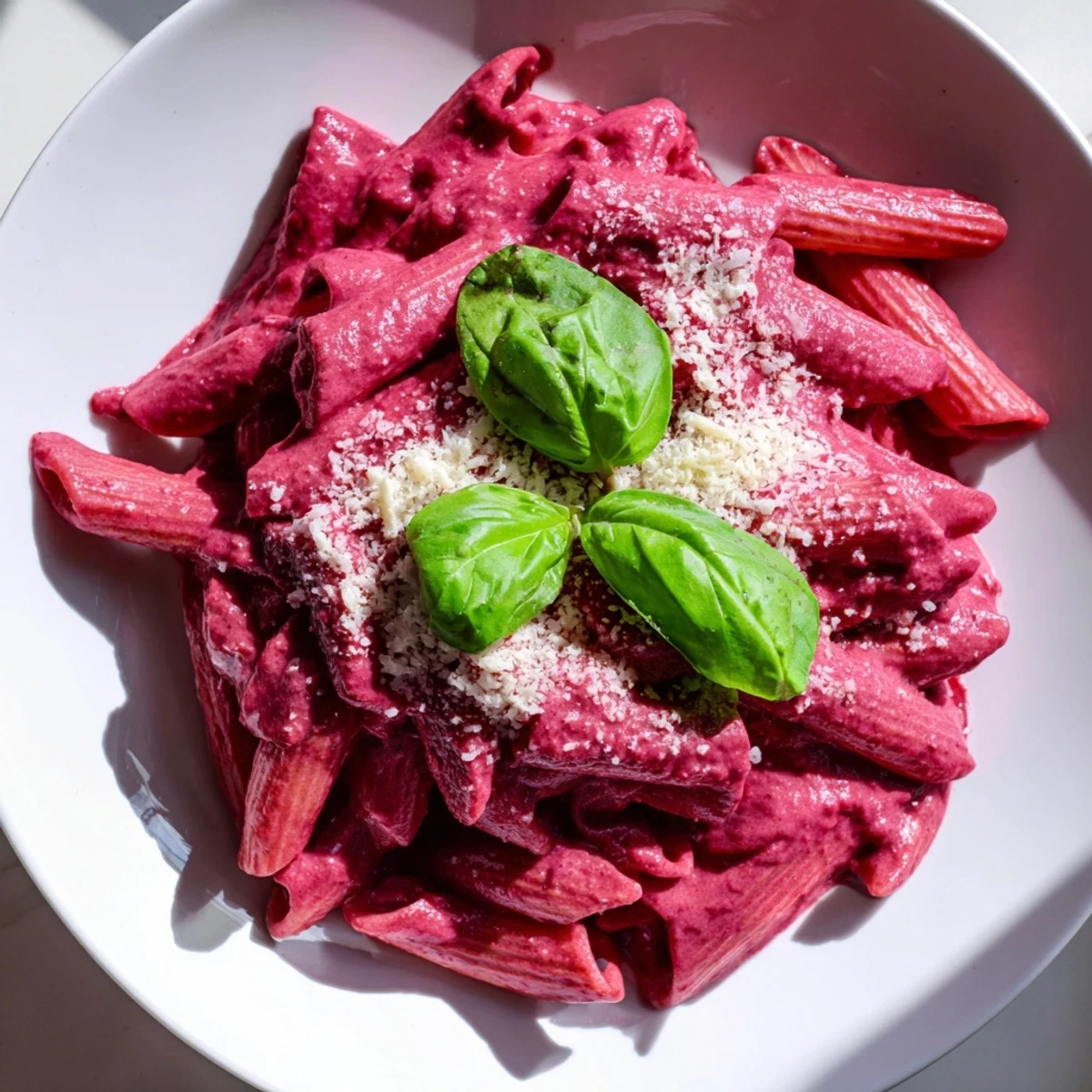Close-up of Pink Pasta with Beet Cream Sauce, highlighting the velvety sauce on penne and a sprinkle of Parmesan.