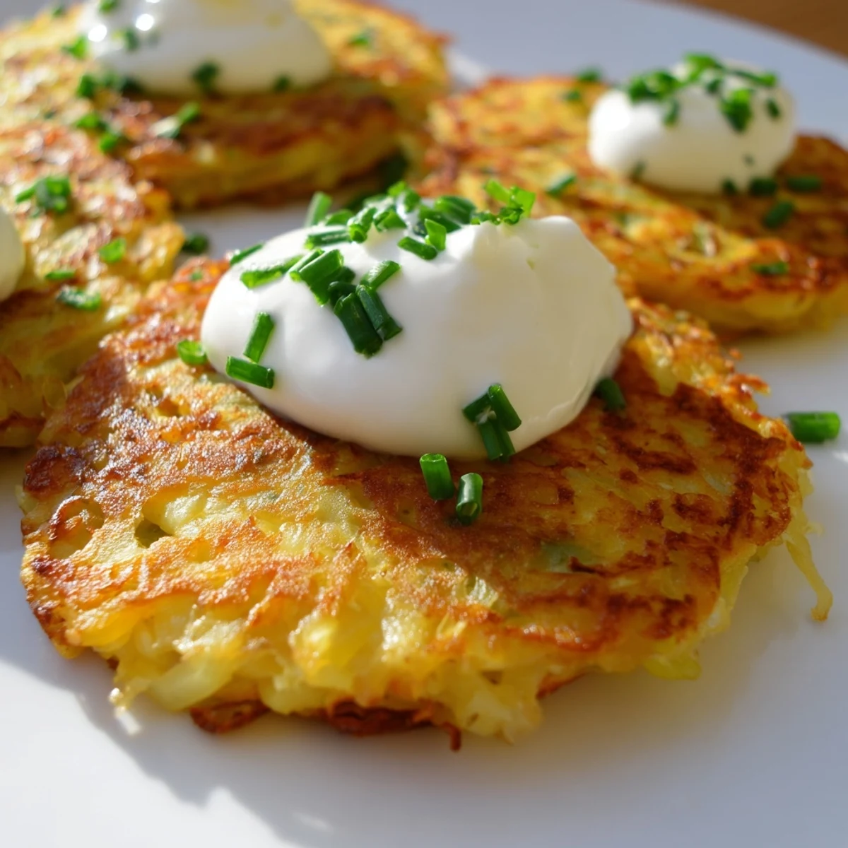 Crispy, golden potato cakes flecked with fresh scallions, served with cool sour cream for a satisfying side dish.