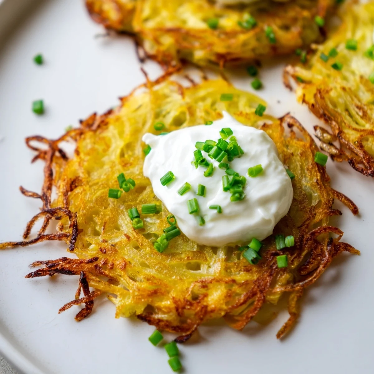 Potato Cakes with Scallions and Sour Cream ready to eat, garnished with chives and arranged on a white plate.