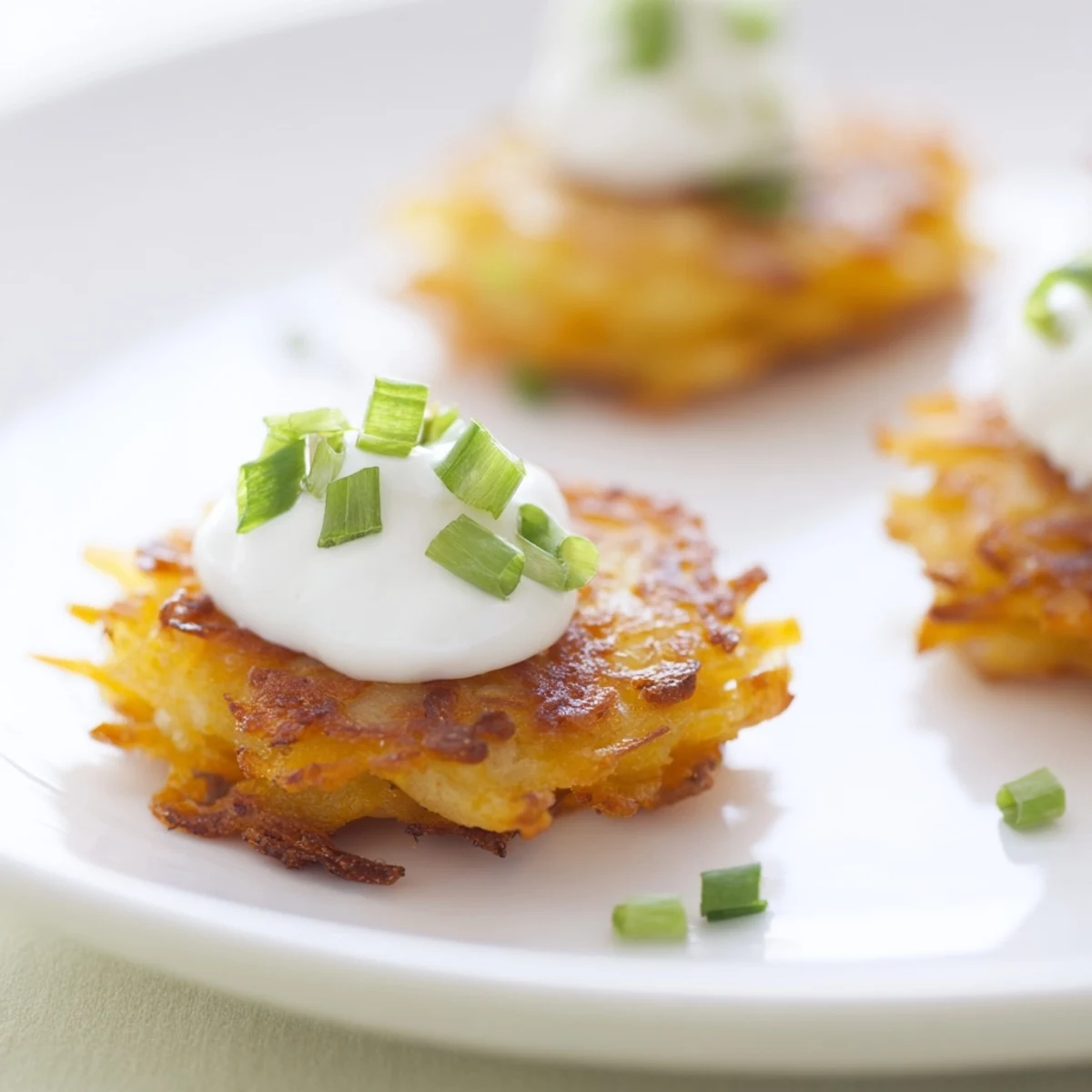 A stack of golden Potato Cakes with Scallions and Sour Cream, topped with a dollop of sour cream and chives.