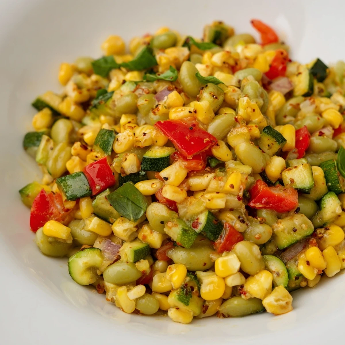 A colorful serving of Succotash with Lima Beans and Corn in a rustic white bowl, featuring tender beans, bright corn, diced red pepper, and fresh herbs.