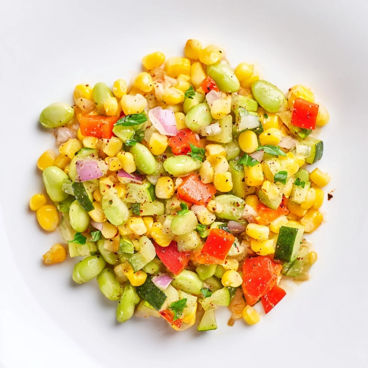 Sautéed Succotash with Lima Beans and Corn cooked in a skillet, showcasing golden corn and tender green beans mingling with diced vegetables and olive oil.