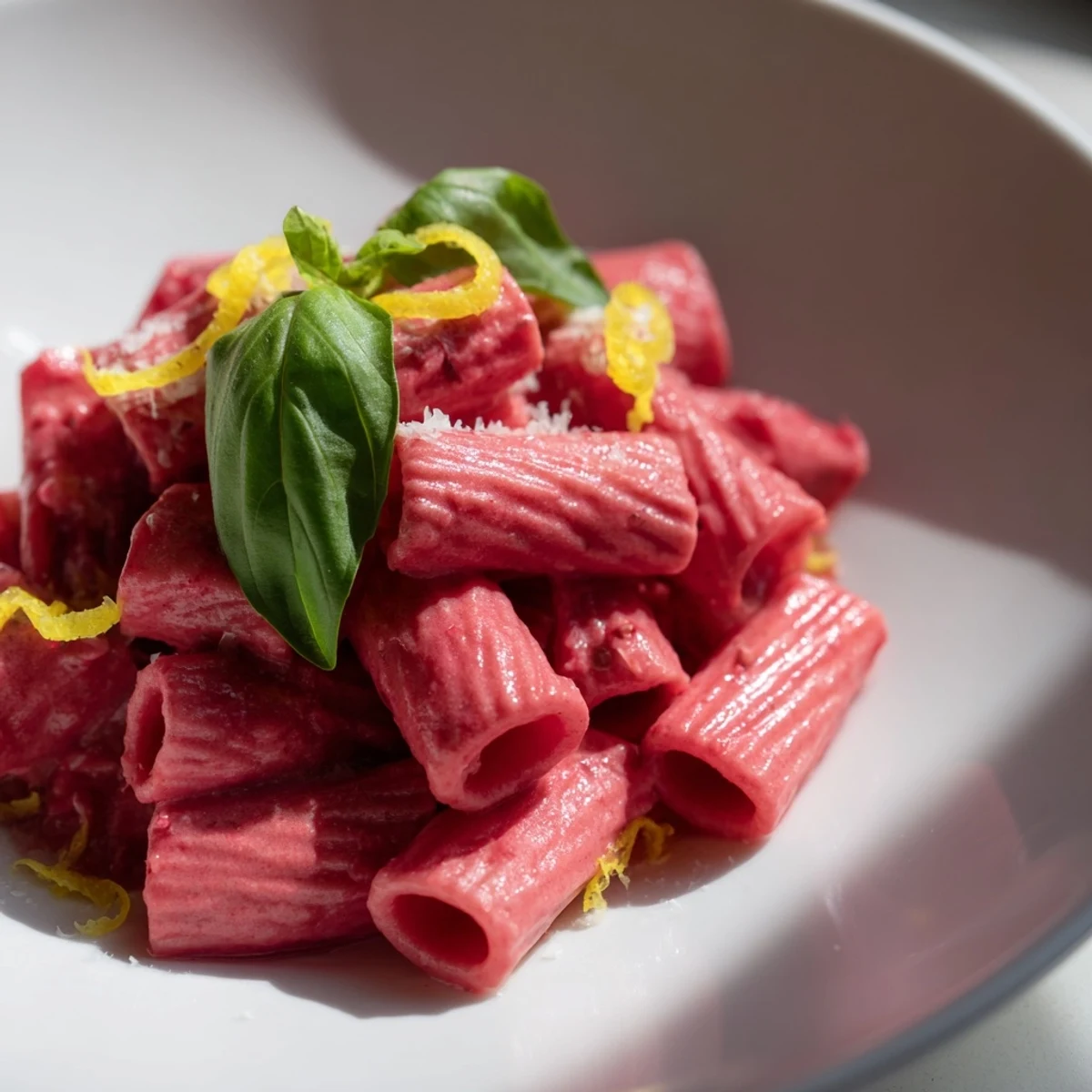Forkful of vibrant pink pasta with beet cream sauce, garnished with fresh basil leaves on a white plate.