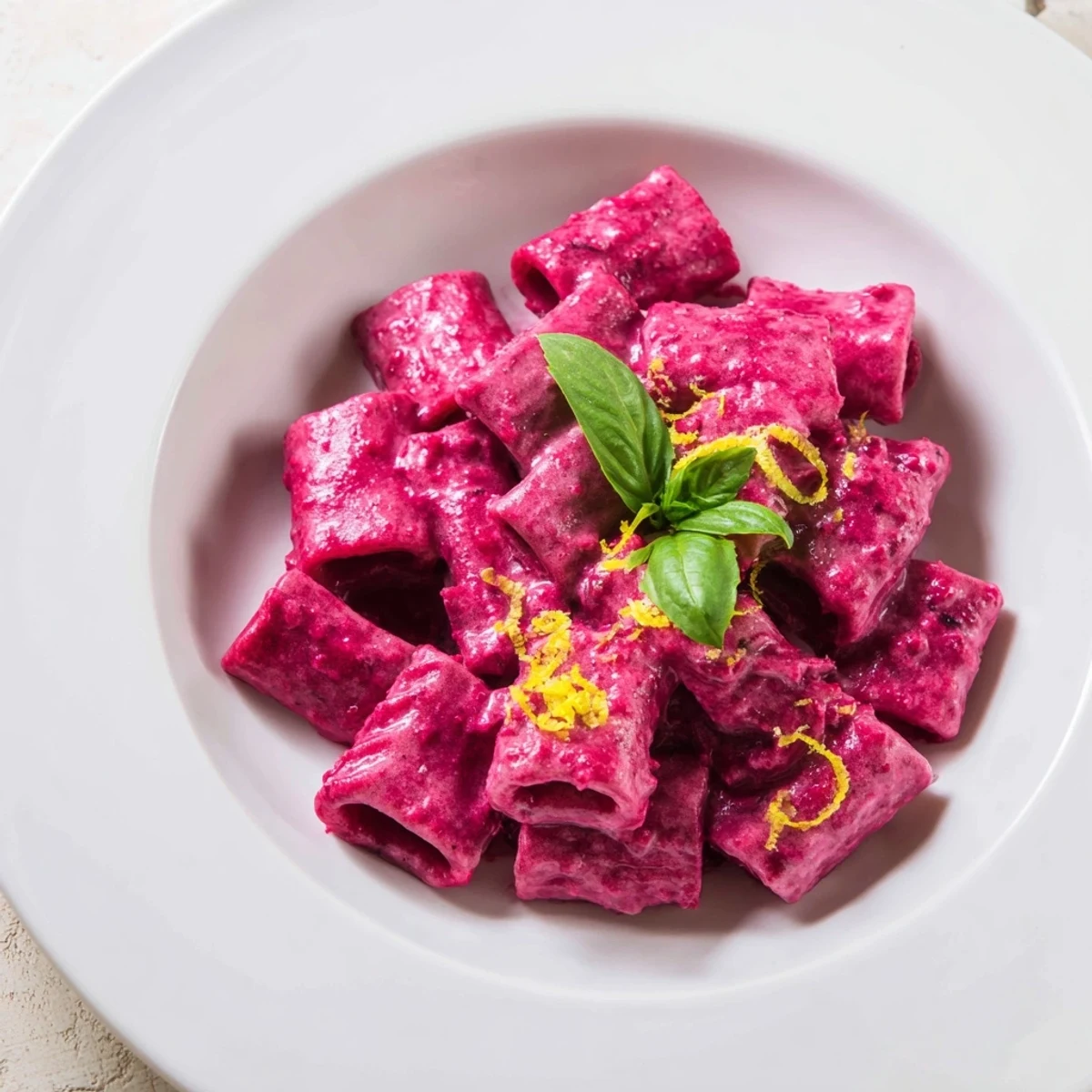 A close-up of creamy beet sauce coating penne pasta, topped with grated Parmesan and a lemon zest sprinkle.