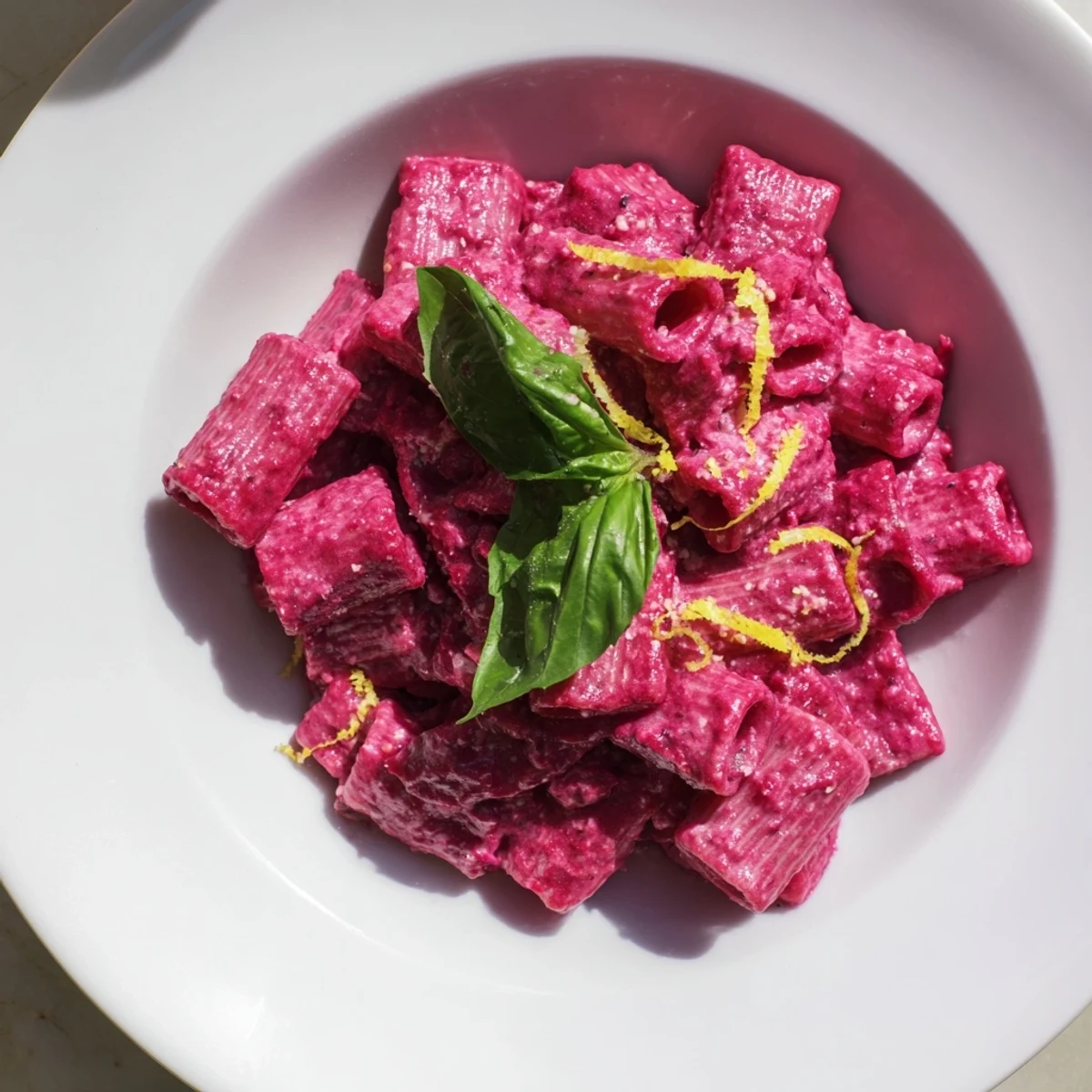 Ready-to-serve vegetarian pasta dish featuring a luscious beet cream sauce and colorful vegetables on a rustic table.