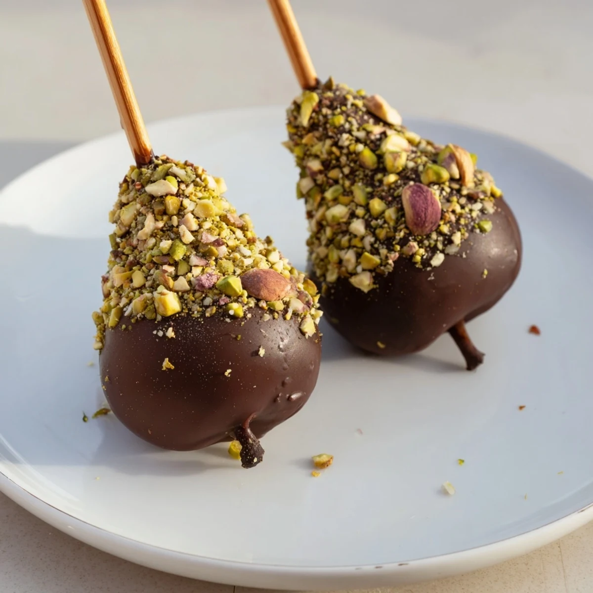 Juicy pear halves coated in dark chocolate and sprinkled with chopped nuts, served as an elegant dessert.  