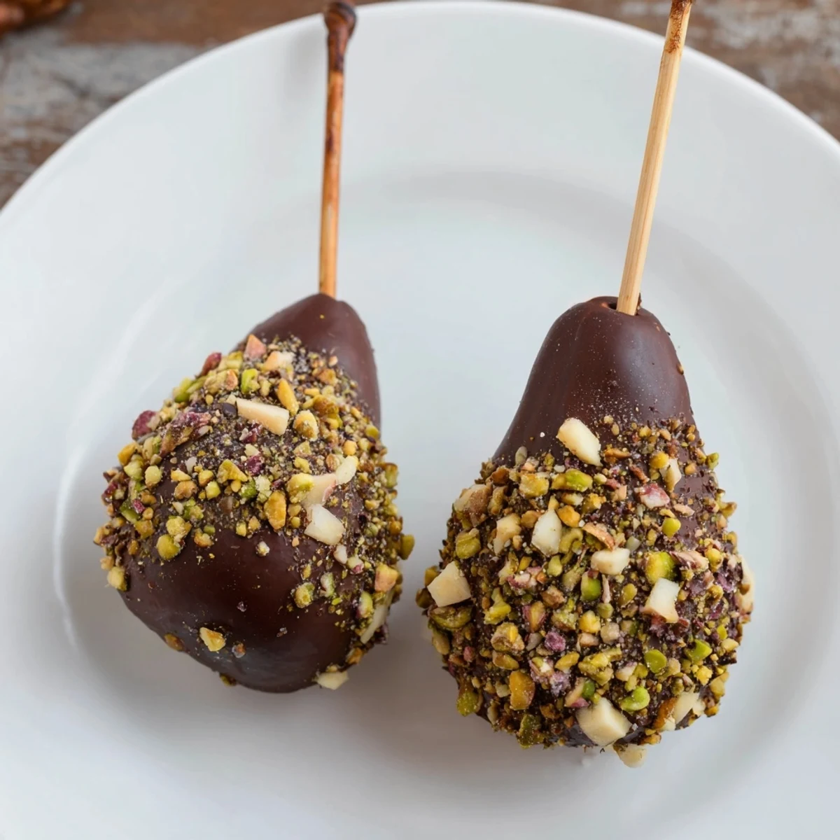 Two chocolate covered pears on a white plate, garnished with crunchy mixed nuts for a sweet snack.  