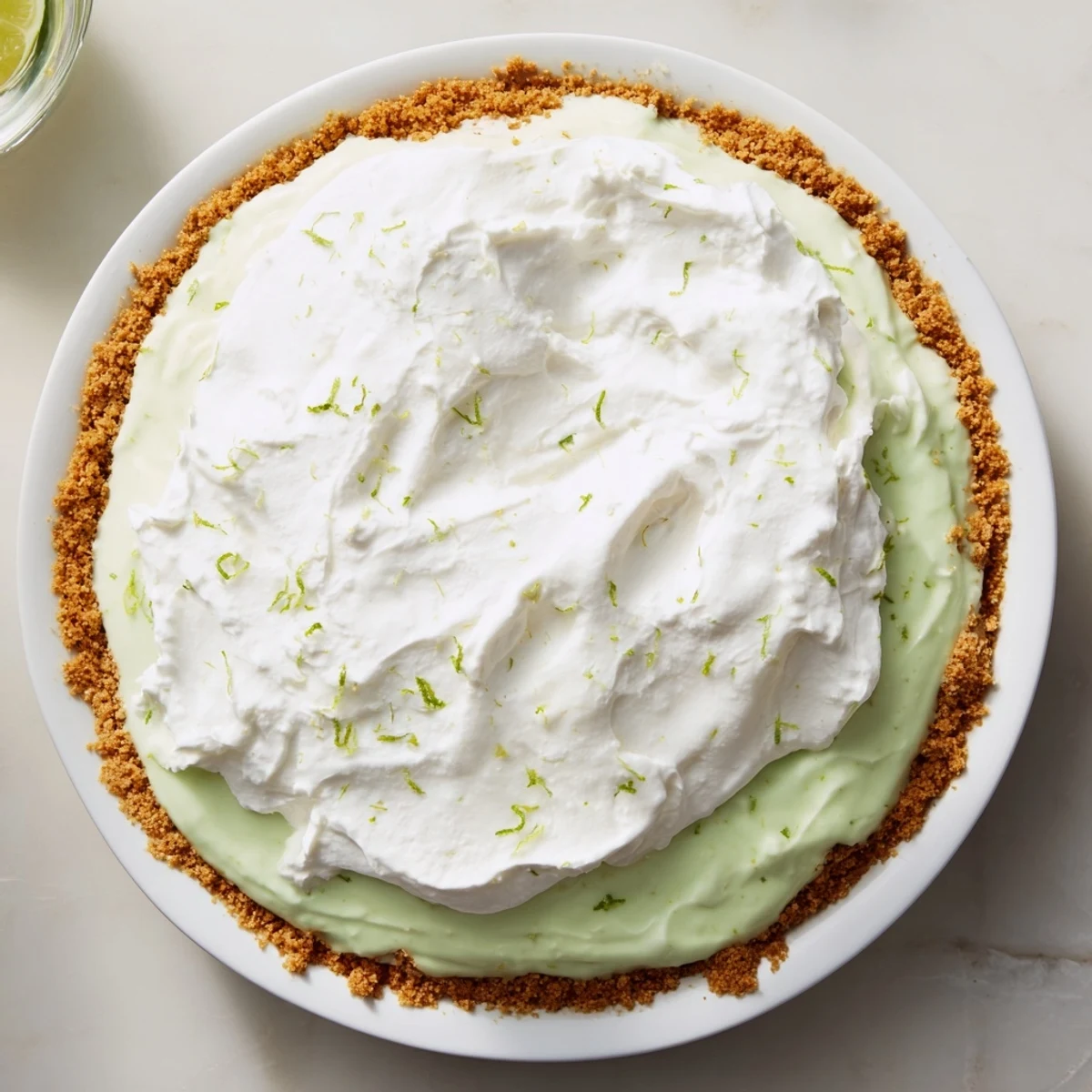 Decadent Key Lime Pie with whipped cream topping, served chilled with a fresh lime wedge for garnish.
