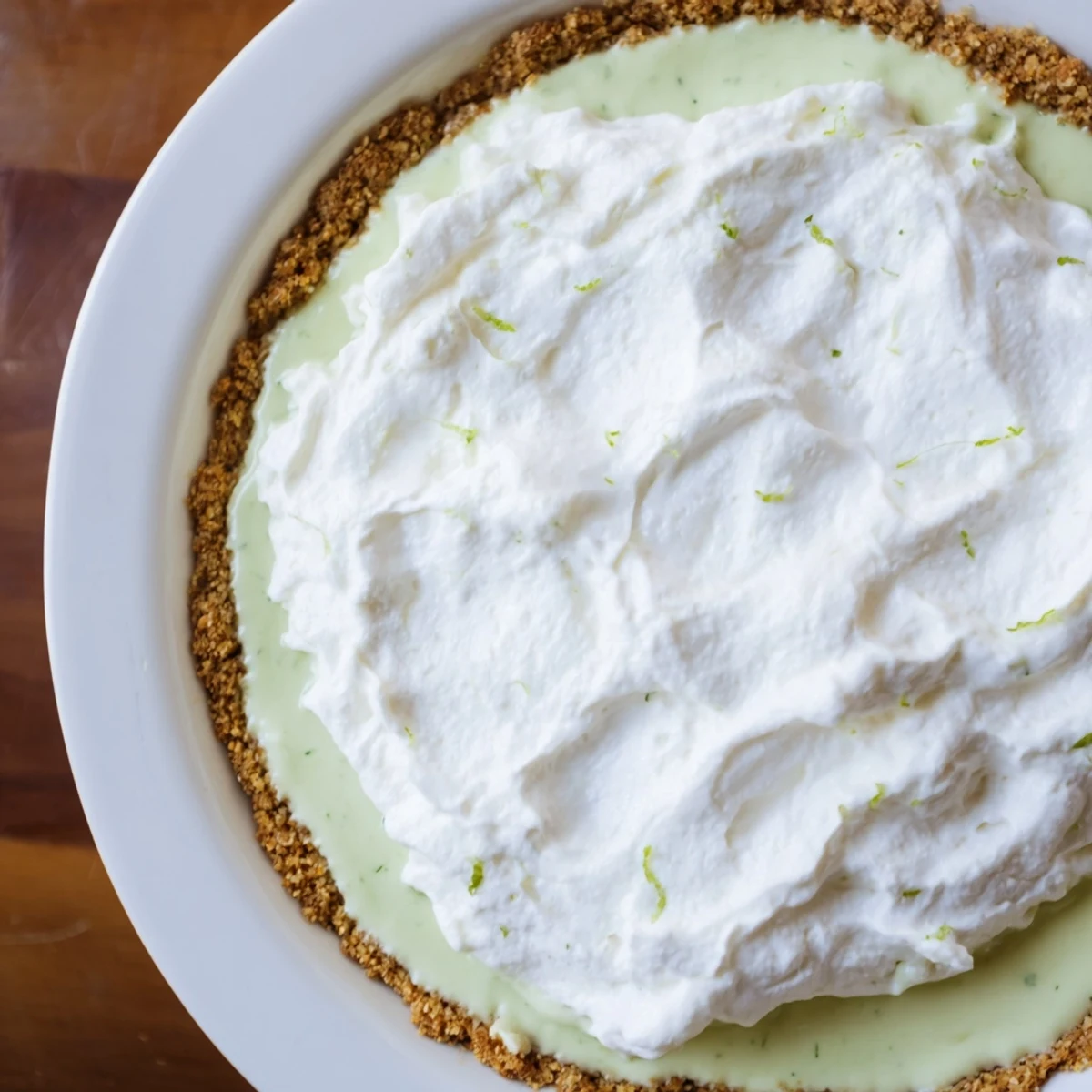 A slice of Key Lime Pie with whipped cream topping, garnished with lime zest on a rustic plate.  