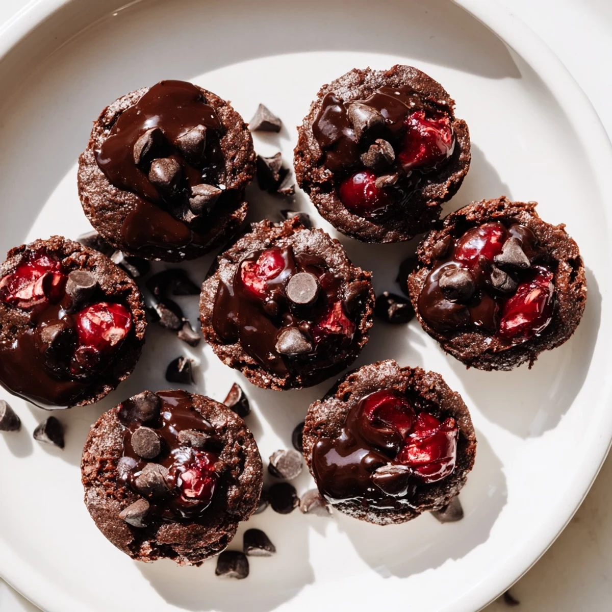 Moist chocolate brownie bites with juicy chopped cherries and a shiny ganache drizzle, served on a baking rack.