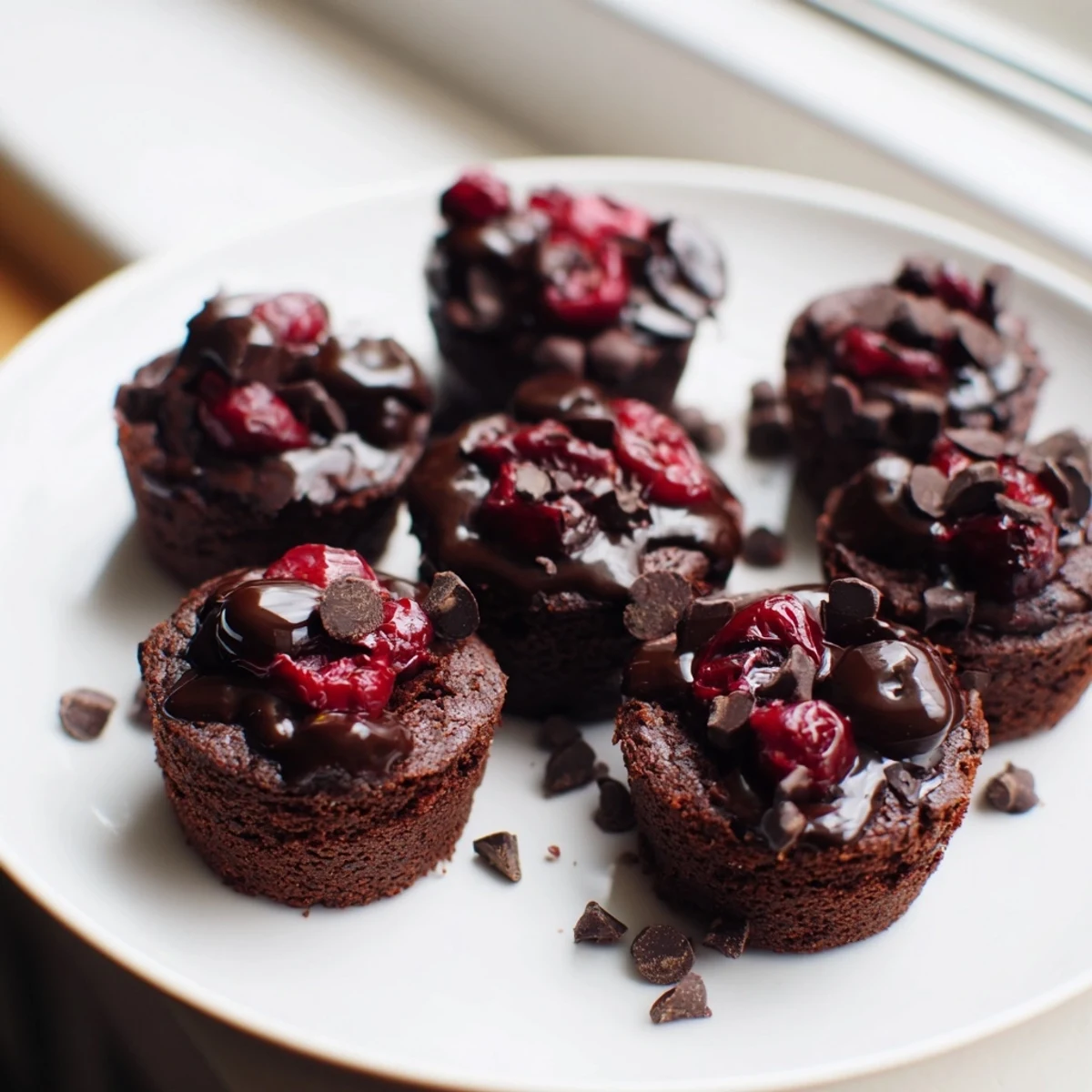 Rich, fudgy Chocolate Cherry Brownie Bites topped with glossy ganache and fresh cherry pieces on a marble board.