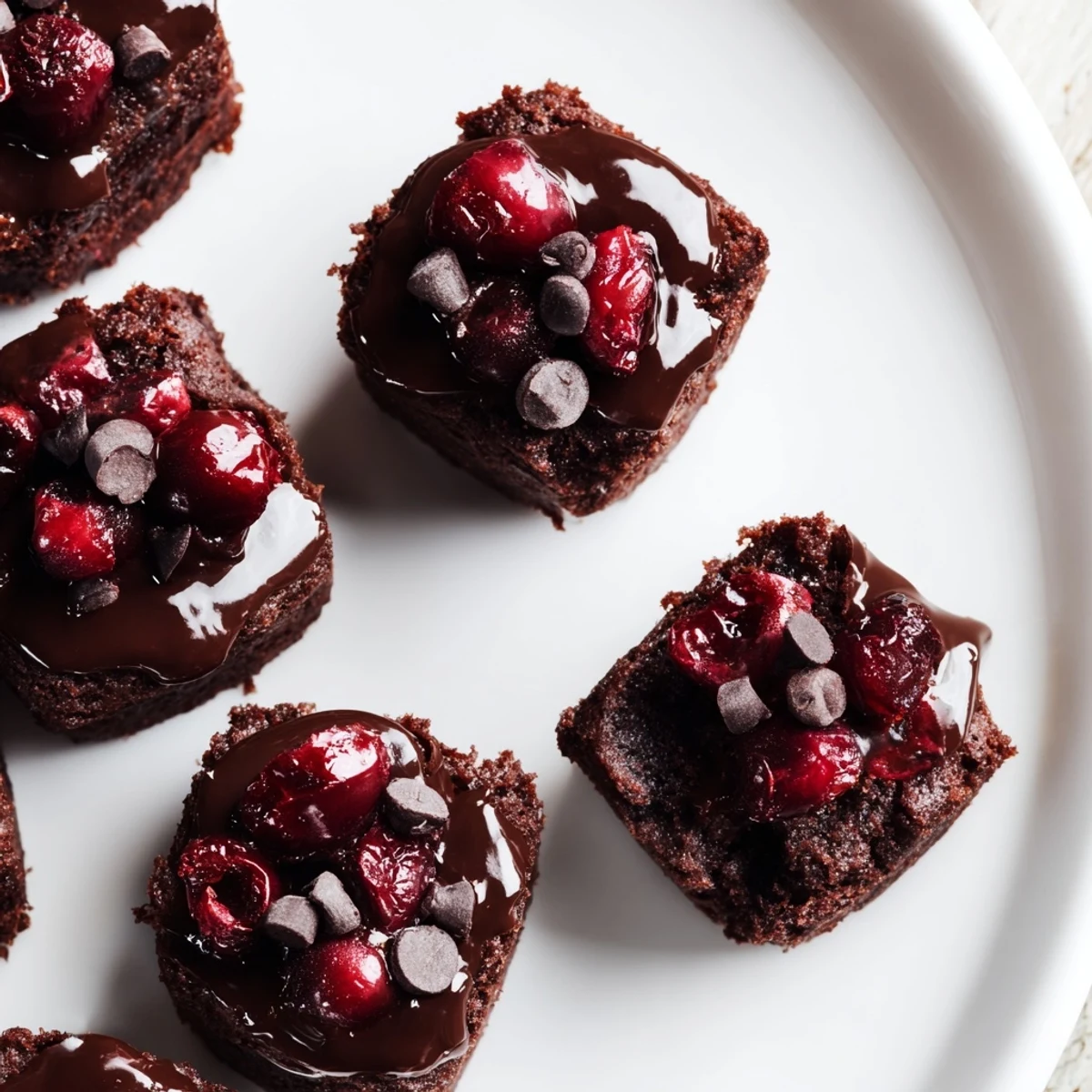 Decadent Chocolate Cherry Brownie Bites ready to serve, dusted with cocoa and stacked on a white dessert plate.