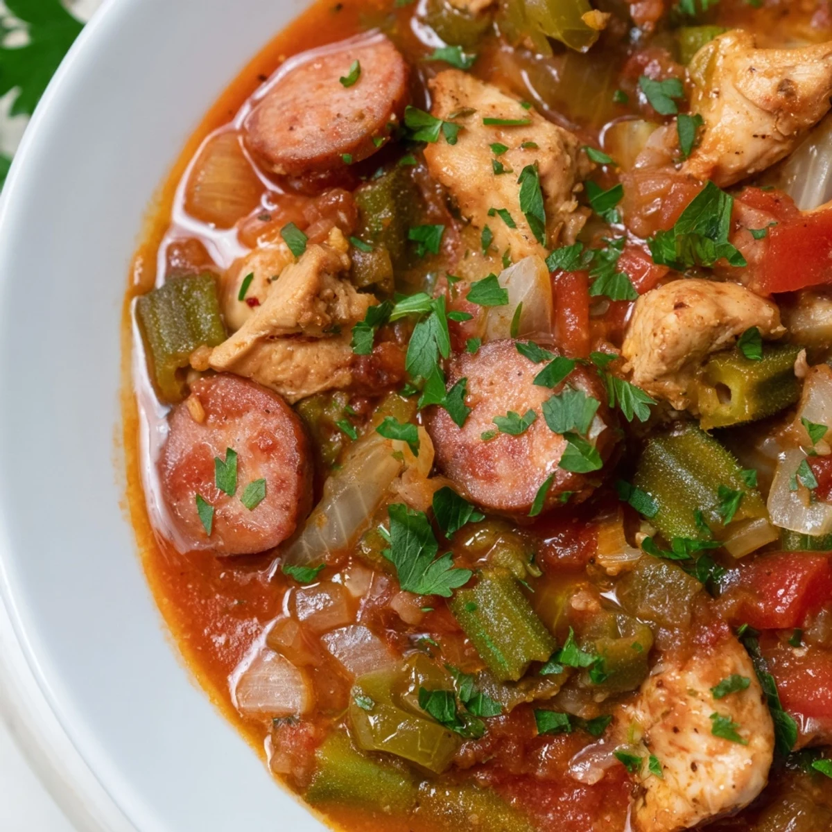 Steaming bowl of Chicken and Sausage Stew with Okra, featuring tender meat and fresh okra in a rich tomato broth.