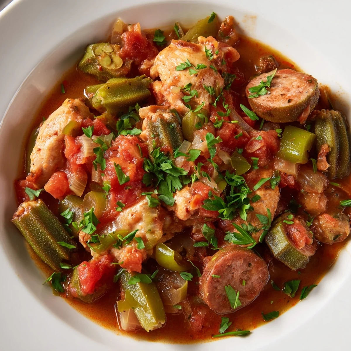 Hearty Southern Chicken and Sausage Stew with Okra served over white rice, garnished with fresh parsley for a colorful plate.
