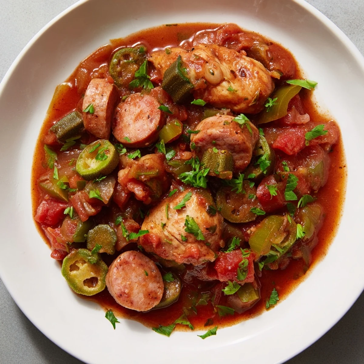Golden-brown Chicken and Sausage Stew with Okra simmering in a pot, with vibrant diced tomatoes and fresh okra slices.