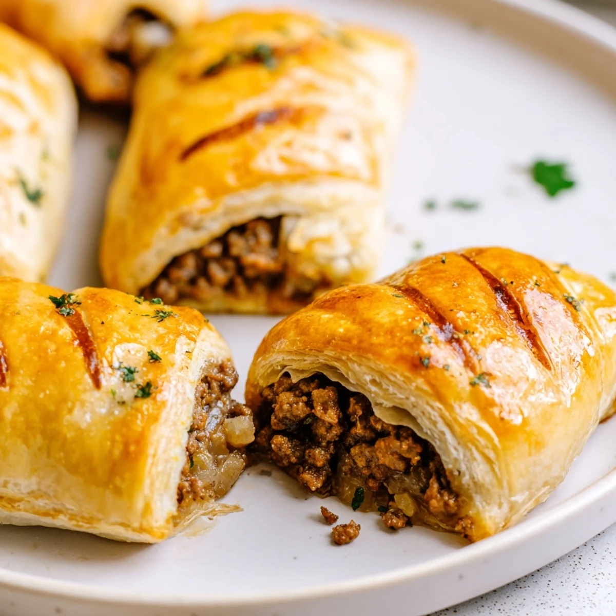 Homemade Sausage Rolls with golden crust and spiced beef filling, ready to serve with mustard.