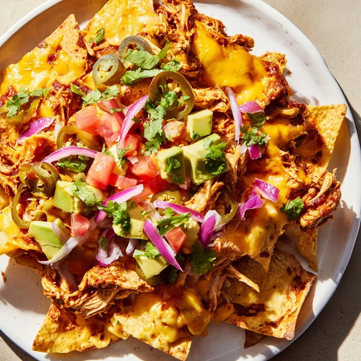 Freshly baked Pulled Chicken Nachos with Jalapeños, featuring crispy tortilla chips, shredded chicken, cheddar, and pickled jalapeños topped with sour cream.