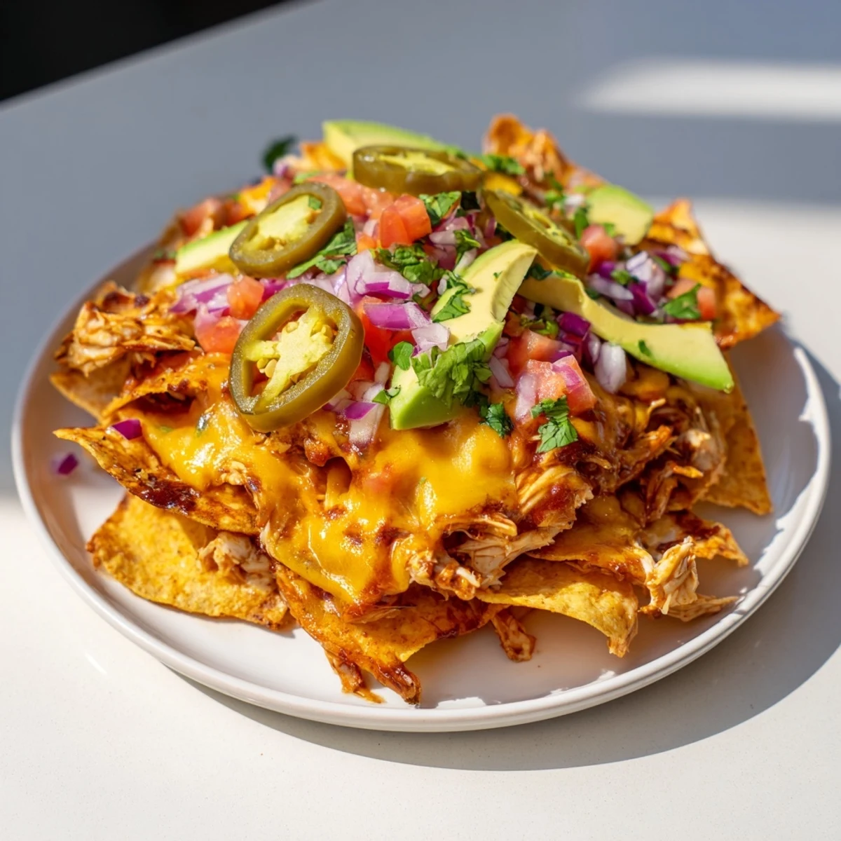 A close-up of Pulled Chicken Nachos with Jalapeños, loaded with smoky chicken, melted cheese, and fresh cilantro on a serving platter.
