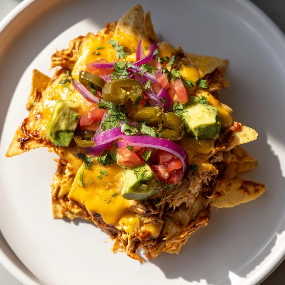 A vibrant serving of Pulled Chicken Nachos with Jalapeños, garnished with red onion, diced tomatoes, and avocado on a rustic board.