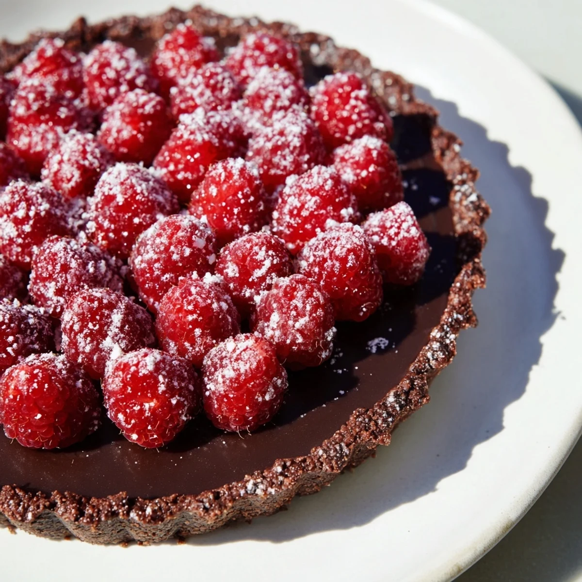 A decadent Chocolate Raspberry Tart with glossy ganache and fresh raspberries arranged beautifully on a serving plate.  