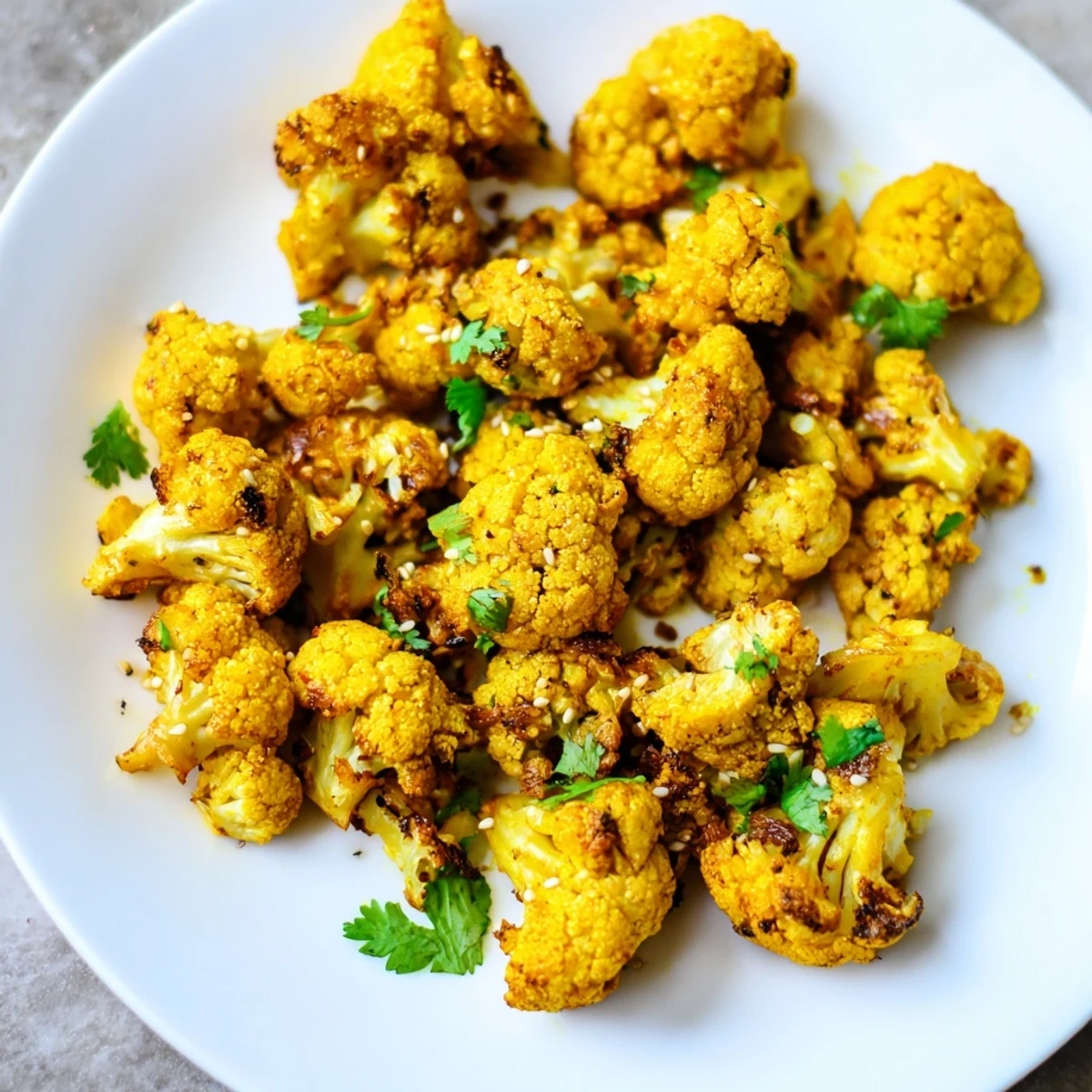 Golden-brown roasted cauliflower florets with turmeric, cumin, and smoked paprika on a baking sheet, garnished with cilantro and sesame seeds, a vibrant vegan side.
