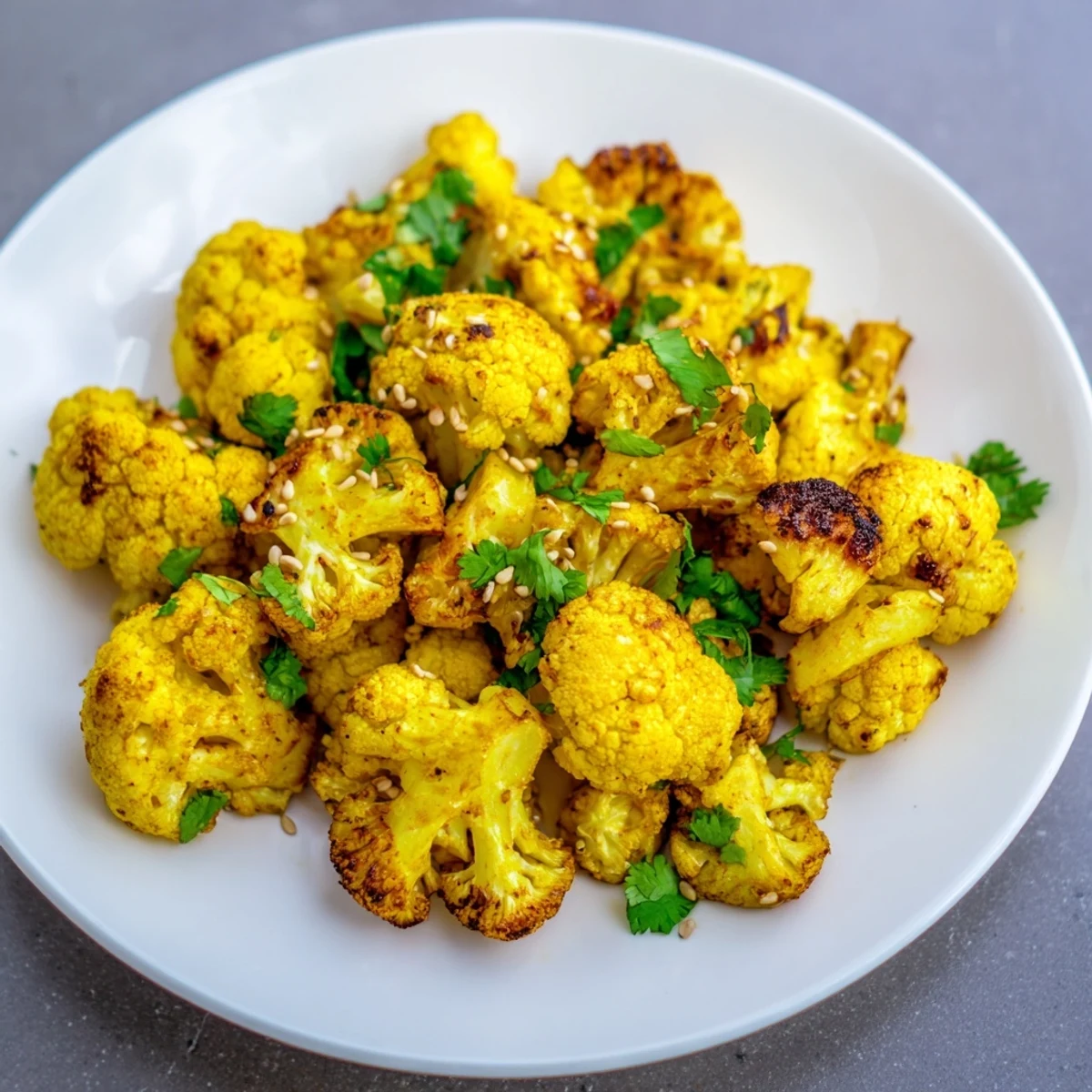 Crisp, golden cauliflower roasted with turmeric and spices, served as a vegan, gluten-free side dish with lemon, cilantro, and sesame seeds.