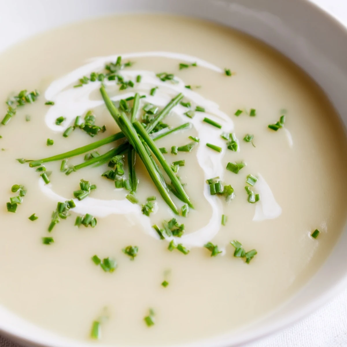 Creamy potato soup with chives in a rustic bowl, served beside a slice of crusty artisan bread.
