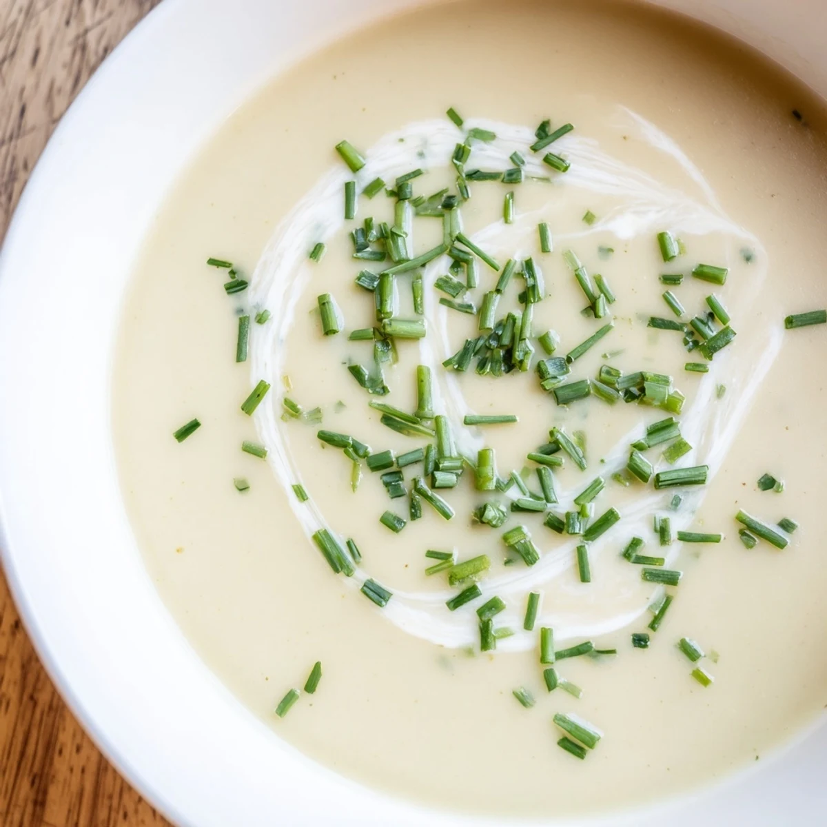 Velvety creamy potato soup with chives, featuring a smooth texture and vibrant fresh green garnish on top.
