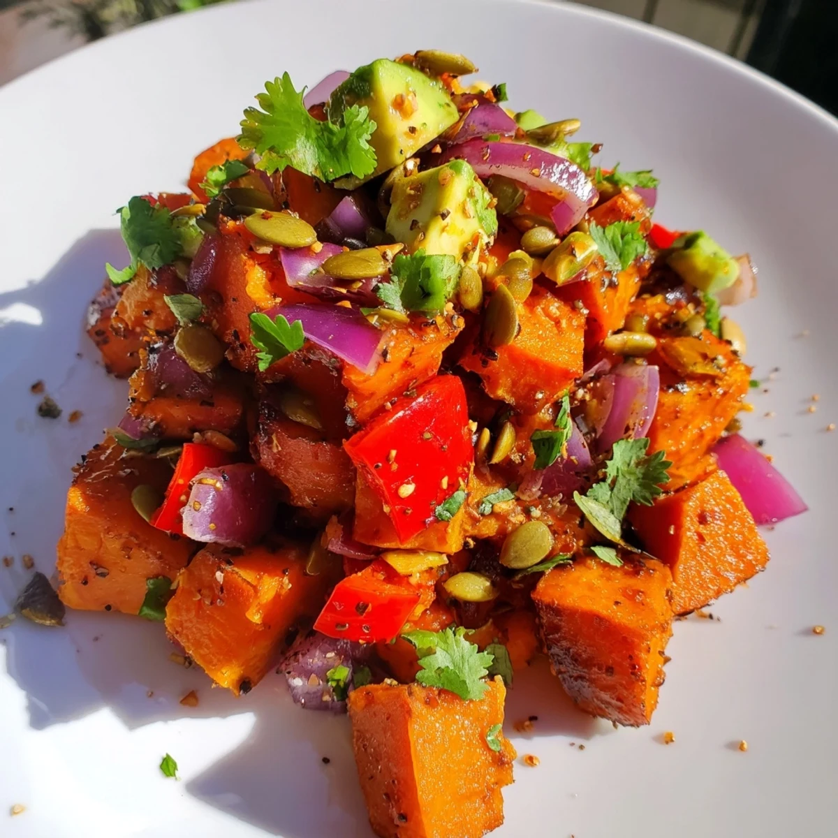 Golden roasted sweet potato salad with lime, tossed with fresh spinach, red onion, and crunchy pepitas.