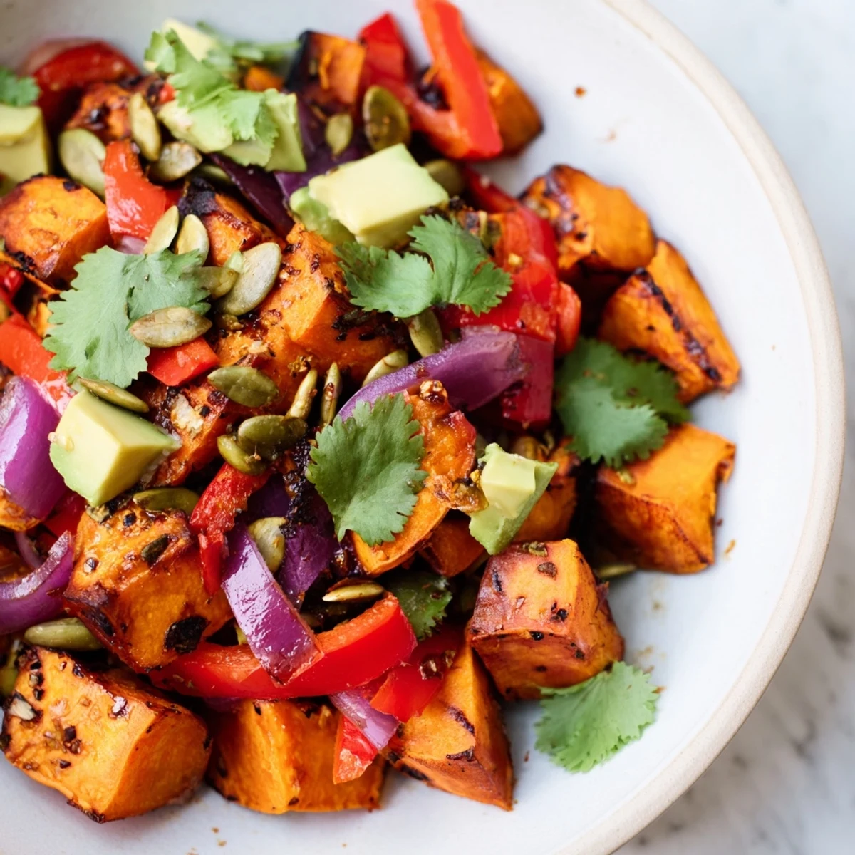 Vibrant roasted sweet potato salad with lime dressing, creamy avocado, and cilantro, served on a rustic plate.