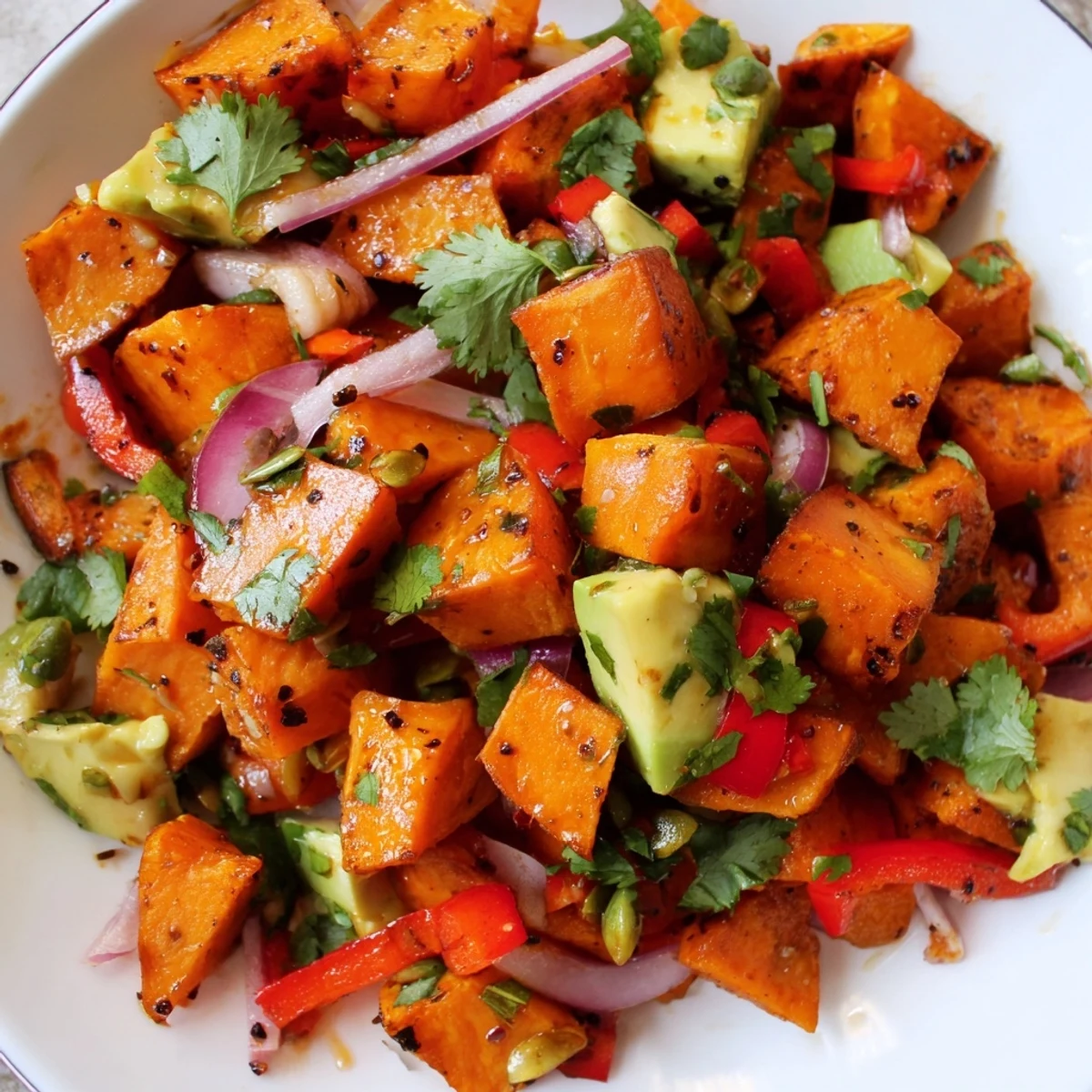 Colorful roasted sweet potato salad with lime, featuring caramelized sweet potatoes, red bell pepper, and zesty toppings.