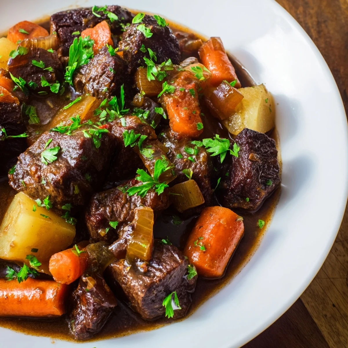 A close-up of steaming Irish Beef and Vegetable Stew in a rustic bowl, featuring tender beef chunks, carrots, and potatoes in a rich, dark broth.