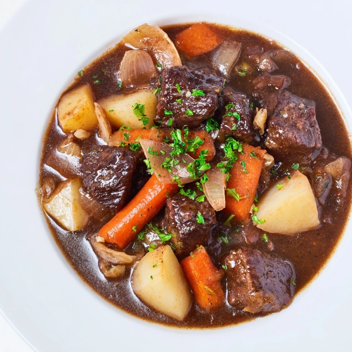 Irish Beef and Vegetable Stew served in a cast iron pot, garnished with fresh parsley and surrounded by crusty bread for dipping.