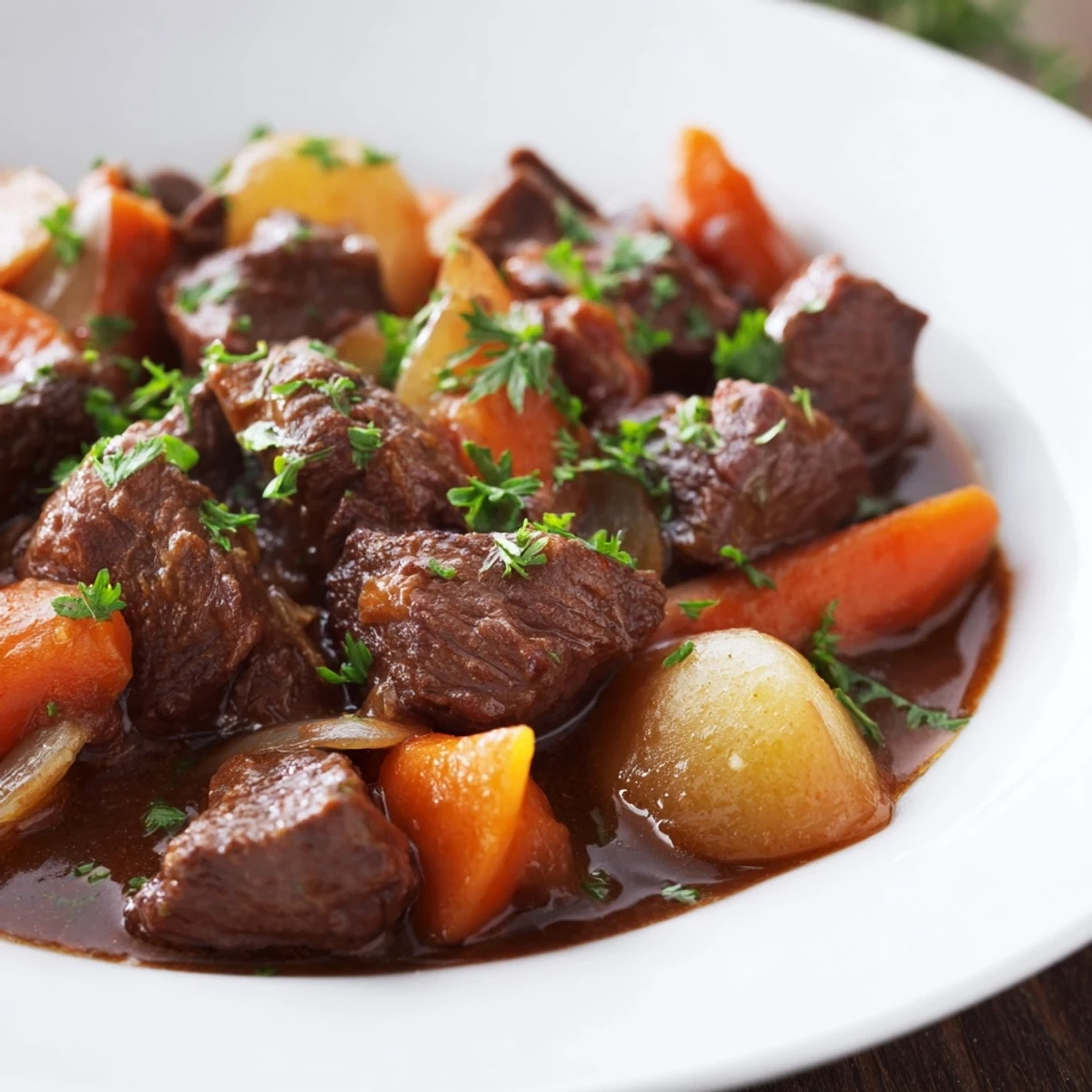 A hearty bowl of Irish Beef and Vegetable Stew with parsnips and celery in a savory broth, perfect for a cozy family dinner.